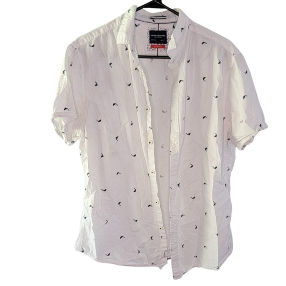 Denim & Flower Dolphin Print Shirt Short Sleeve Button‎ Up Casual Mens Large